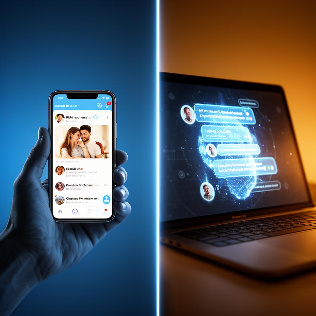 Split screen comparing dating app on phone and AI chatbot on laptop