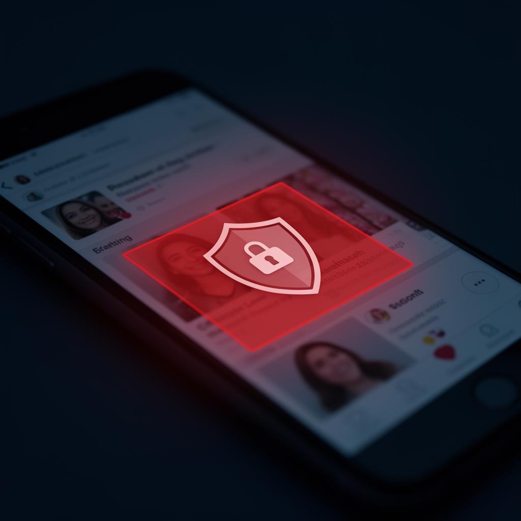Smartphone showing dating app with red warning overlay and shield icon