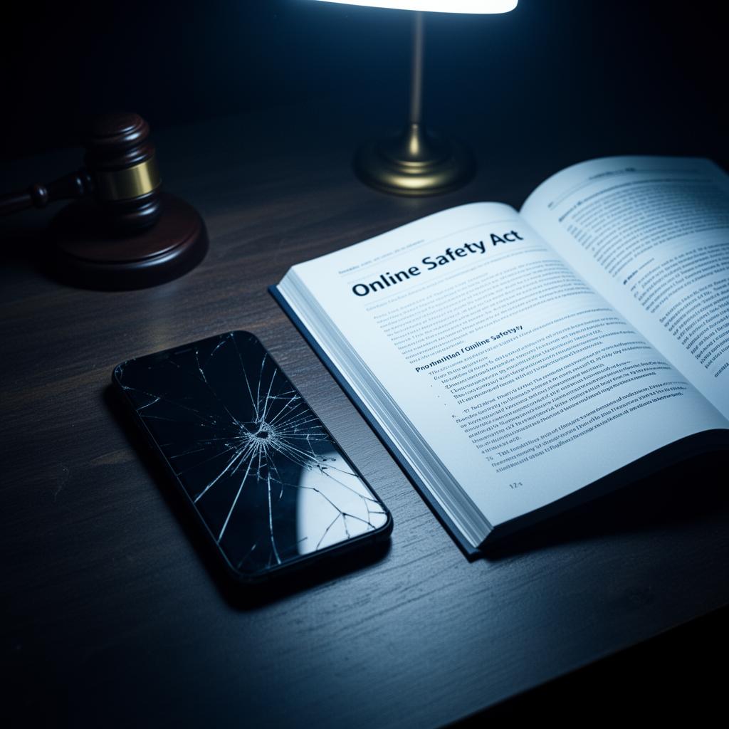 Smartphone face-down with cracked screen next to Online Safety Act legislation document and gavel