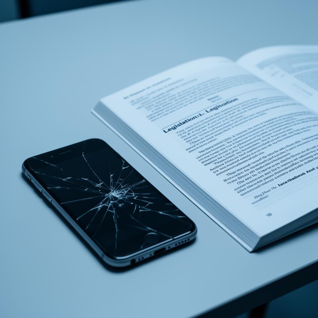 Smartphone face-down with cracked screen next to legislation document
