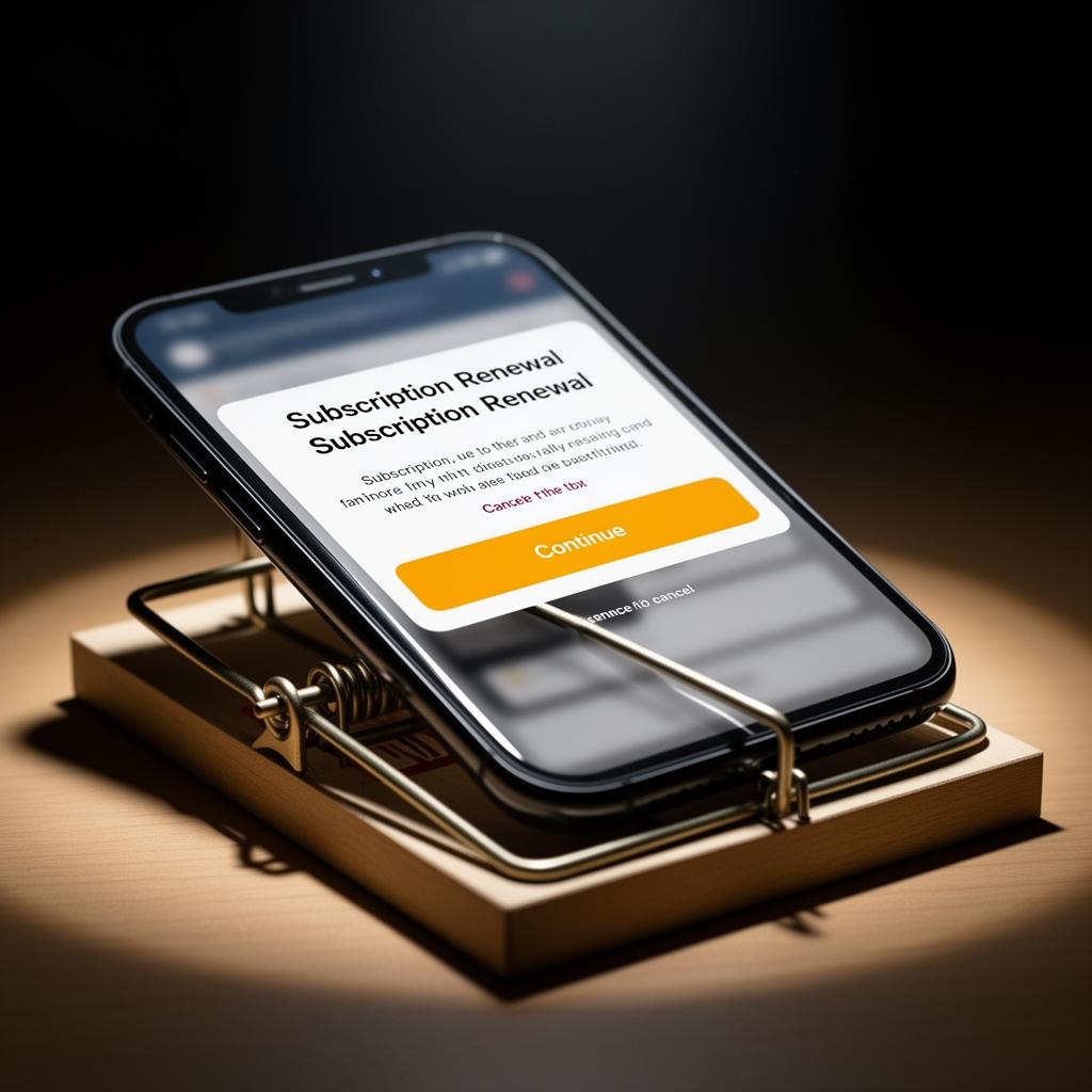 Phone caught in mouse trap showing subscription renewal popup