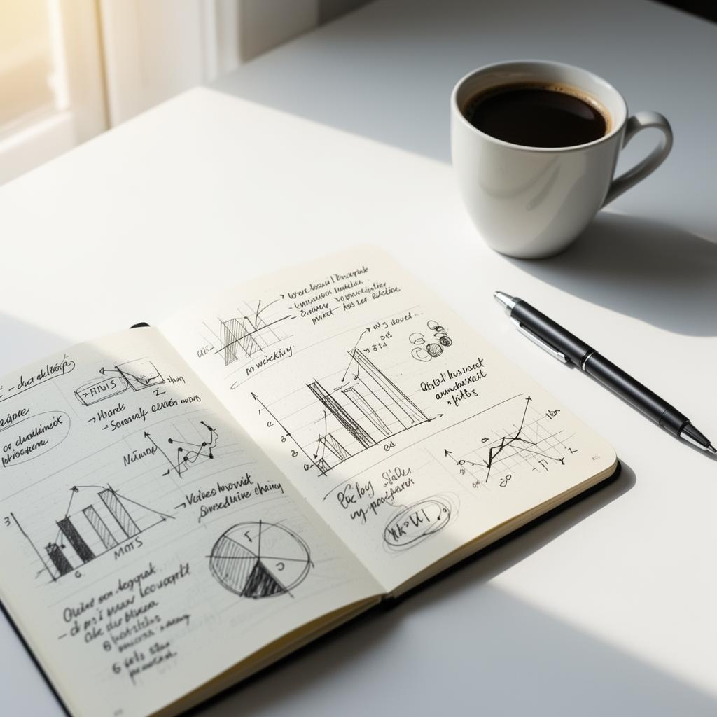 Open notebook with handwritten notes next to coffee cup in morning sunlight