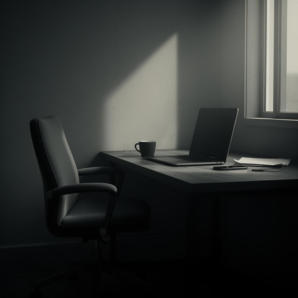 Empty chair at desk with closed laptop suggesting departure