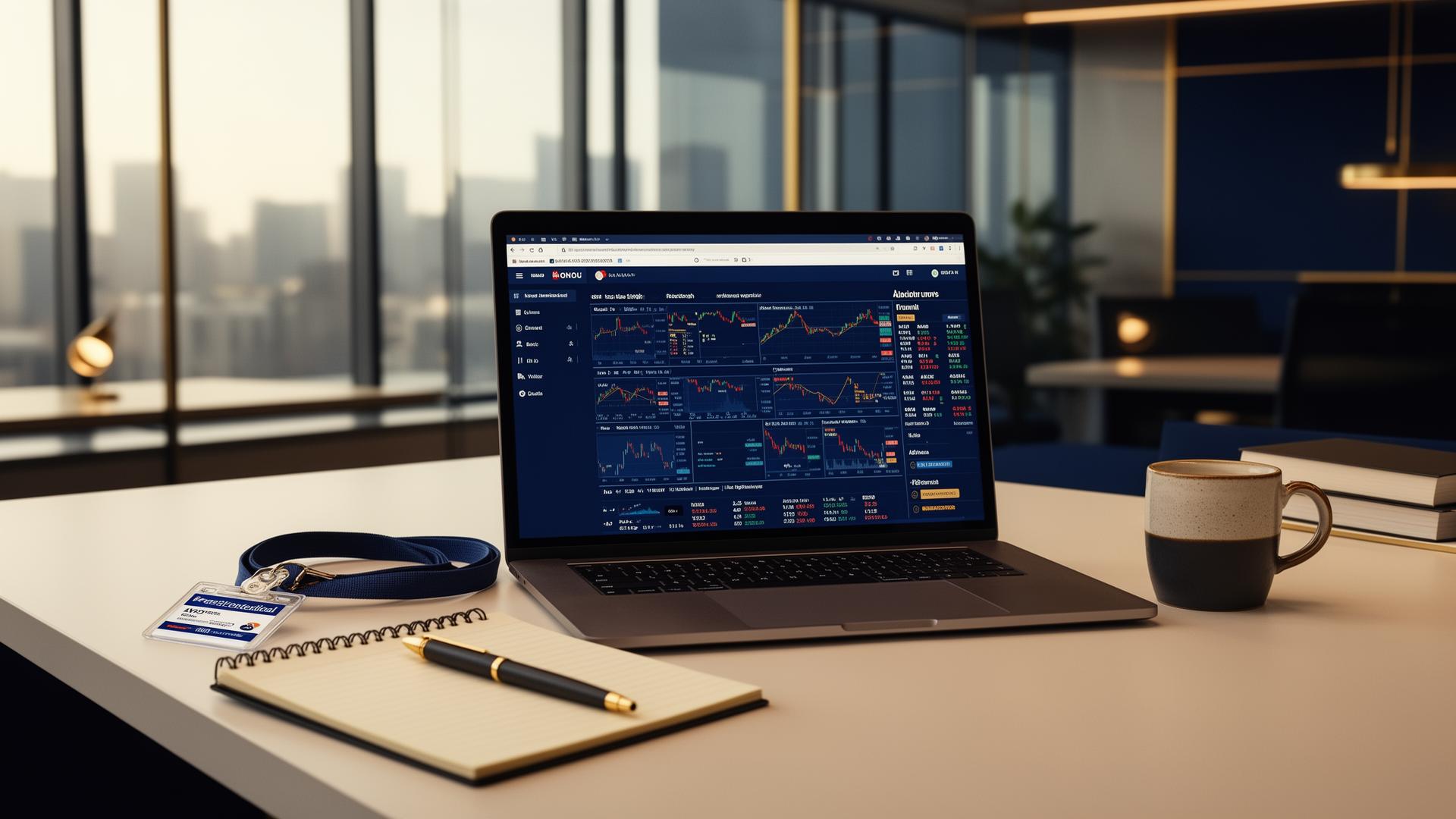 Modern newsroom desk with laptop, press credentials, notebook and coffee