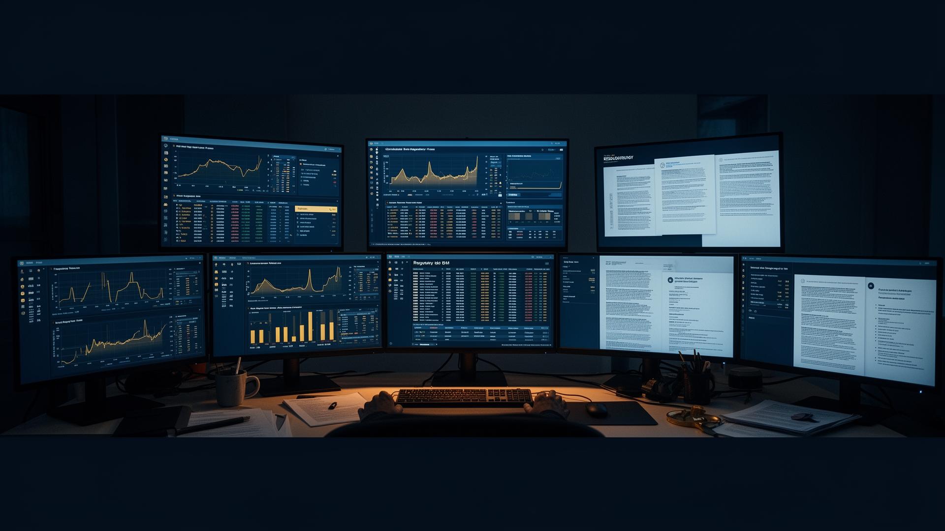 Analyst desk with multiple monitors showing charts and regulatory documents