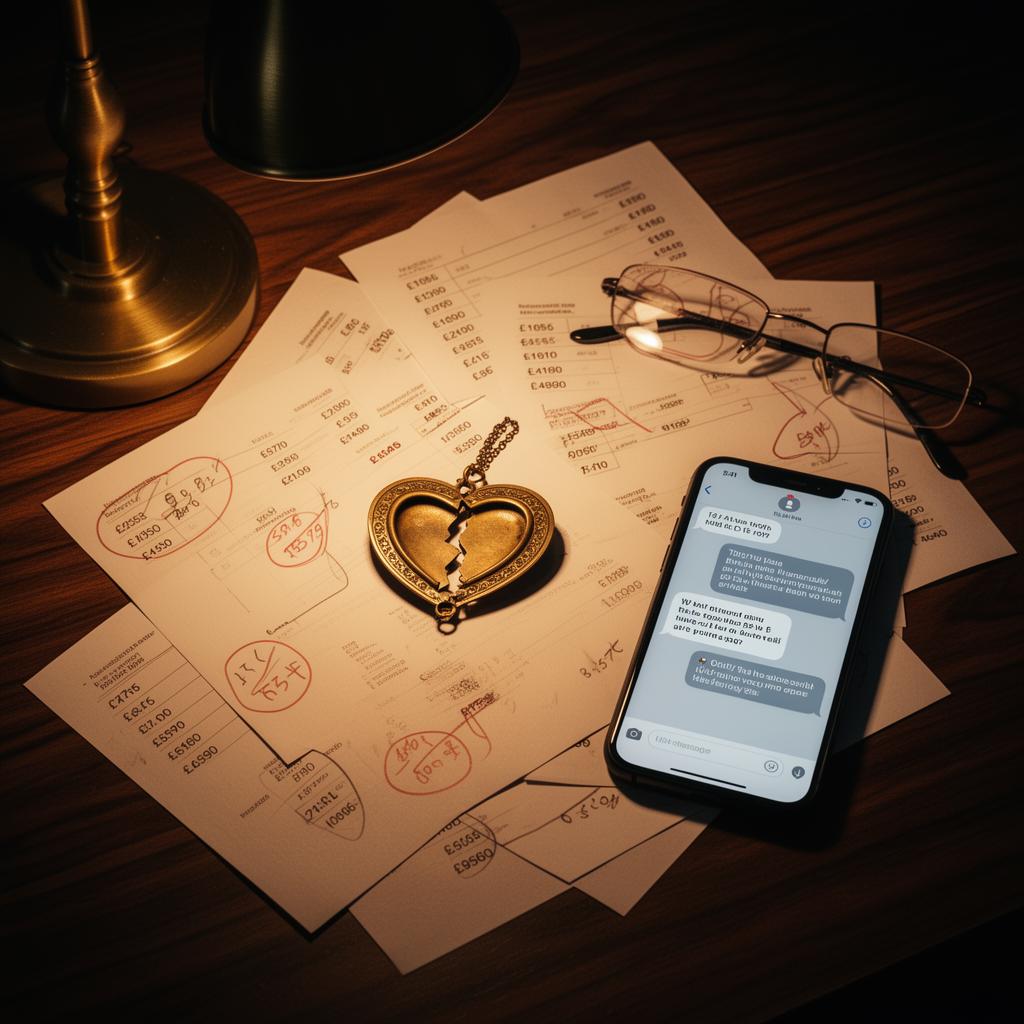 Overhead shot of financial documents, broken heart locket and smartphone on dark desk with amber lighting